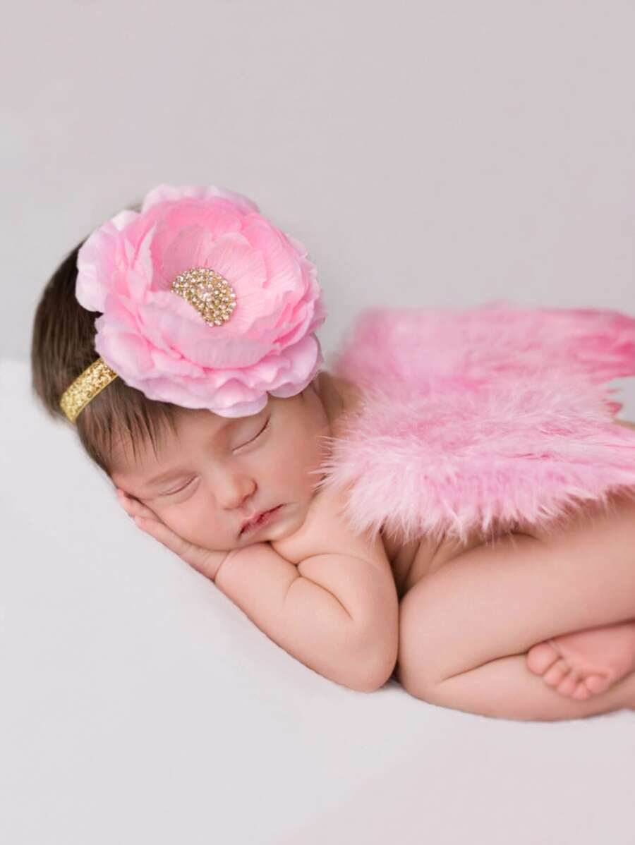 女嬰攝影羽毛裝飾翅膀和花卉髮帶 - 粉色 - 查看 1