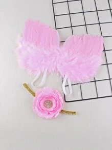 女嬰攝影羽毛裝飾翅膀和花卉髮帶 - 粉色 - 查看 2
