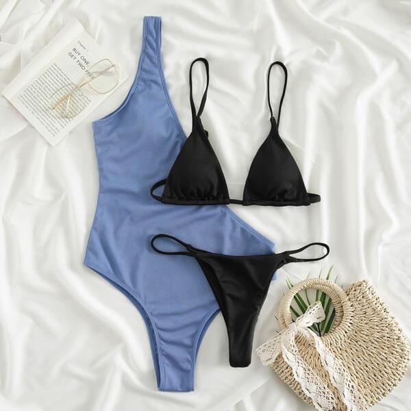 

Color Block Asymmetrical One Piece Swimsuit, Multicolor