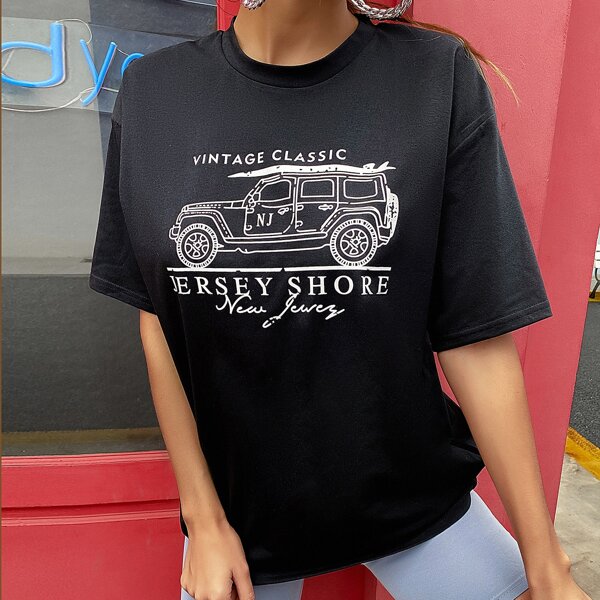 

Drop Shoulder Letter Graphic Tee, Black