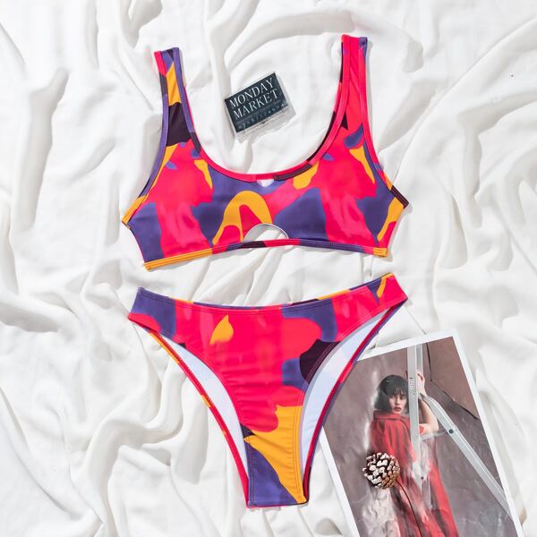 

Colorblock Cut Out Bikini Swimsuit, Multicolor