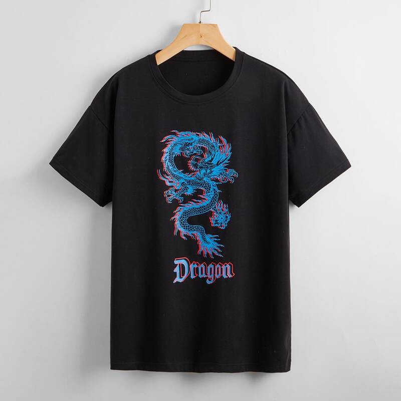 

Letter Chinese Dragon Graphic Oversized Tee, Black
