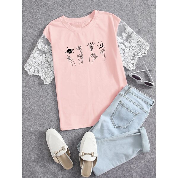 

Figure & Floral Contrast Lace Sleeve Tee, Baby pink