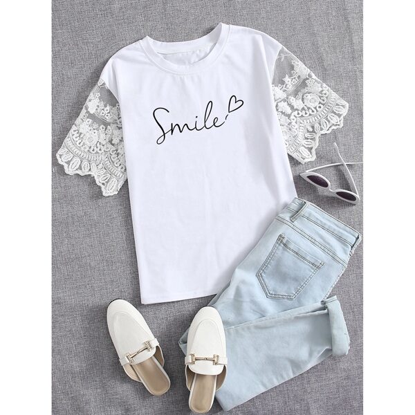 

Letter & Heart Print Contrast Lace Sleeve Tee, White