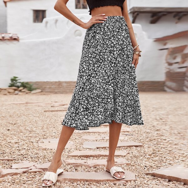 

Ditsy Floral Ruffle Hem Wrap Skirt, Black and white