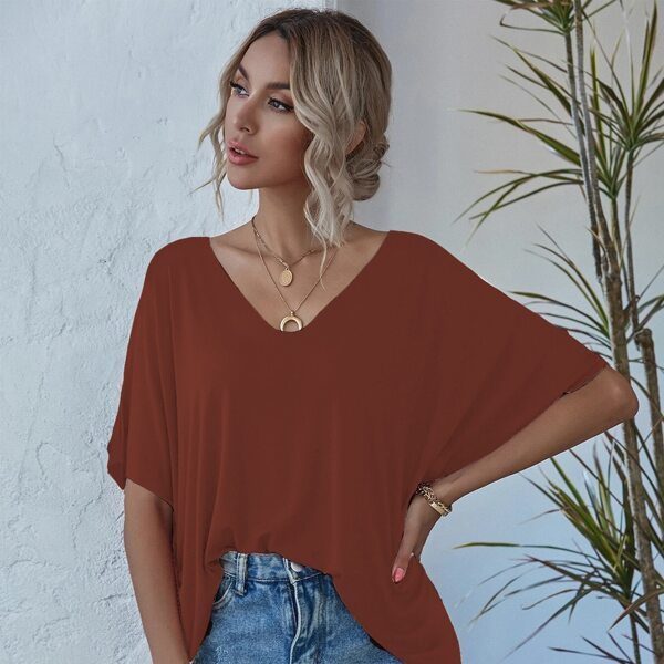 

Solid V Neck Batwing Sleeve Tee, Rust brown