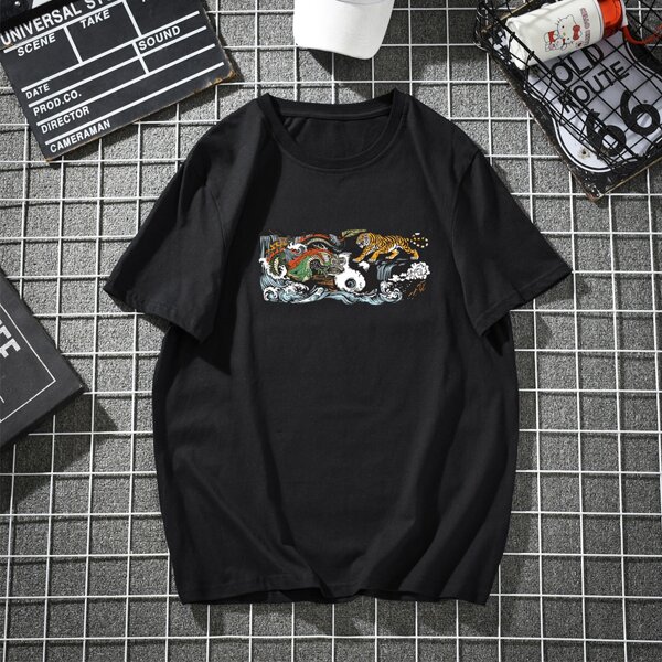 

Men Chinese Dragon & Tiger Print Tee, Black