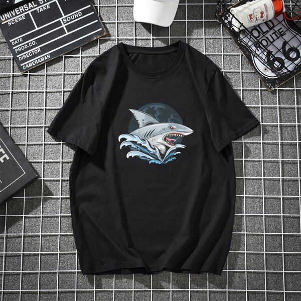 

Men Shark & Palm Tree Print Tee, Black