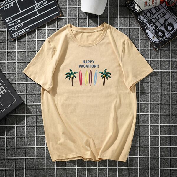 

Men Slogan And Tropical Print Tee, Khaki