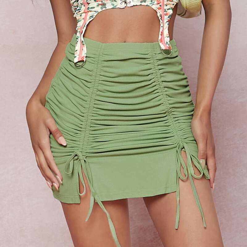 

Drawstring Ruched Solid Skirt, Lime green