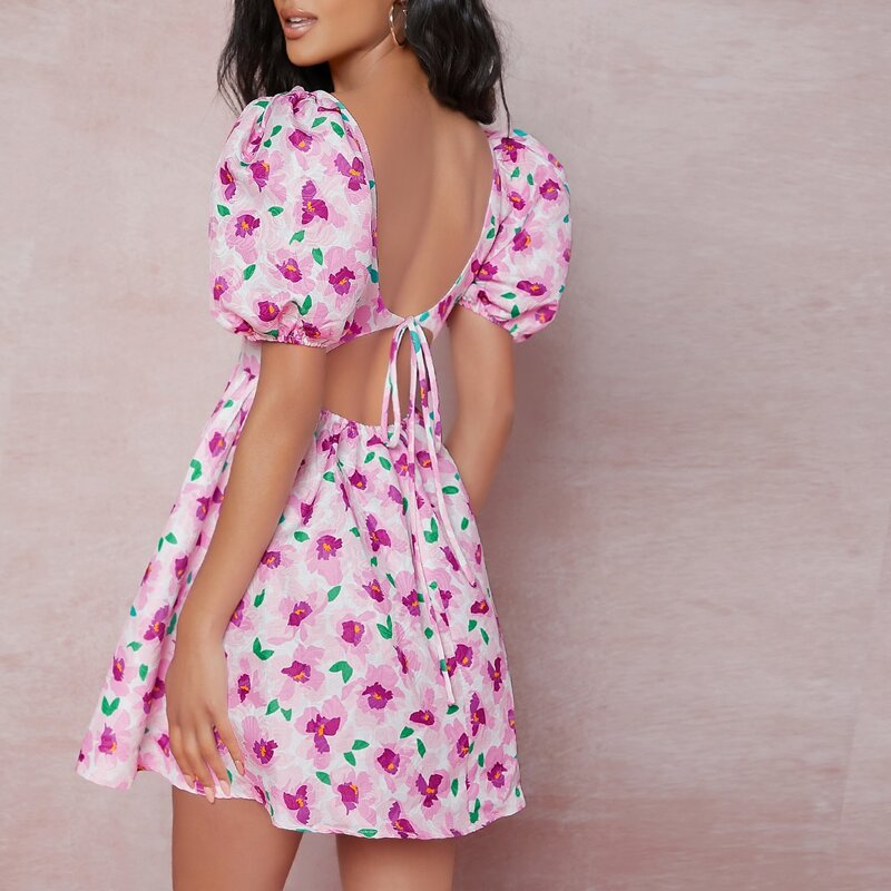 

Sweetheart Neck Puff Sleeve Floral Dress, Multicolor