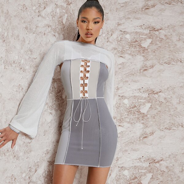 

Colorblock Lace-Up Dress & Removable Mesh Bolero Set, Multicolor