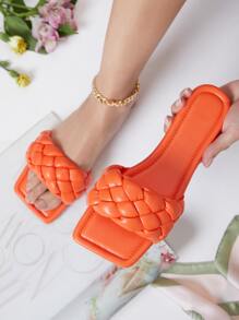 Funky Slide Sandals For Women, Orange Braid Detail Single Band Outdoor Sandals - Orange - View 1