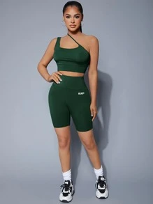 SHEIN SXY 單肩上衣和字母圖案機車短褲套裝 - 墨綠色 - 查看 1