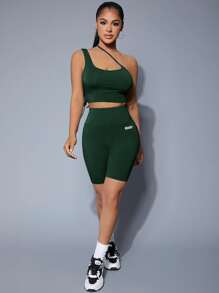 SHEIN SXY 單肩上衣和字母圖案機車短褲套裝 - 墨綠色 - 查看 3