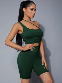 SHEIN SXY 單肩上衣和字母圖案機車短褲套裝 - 墨綠色 - 查看 4