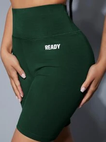 SHEIN SXY 單肩上衣和字母圖案機車短褲套裝 - 墨綠色 - 查看 5