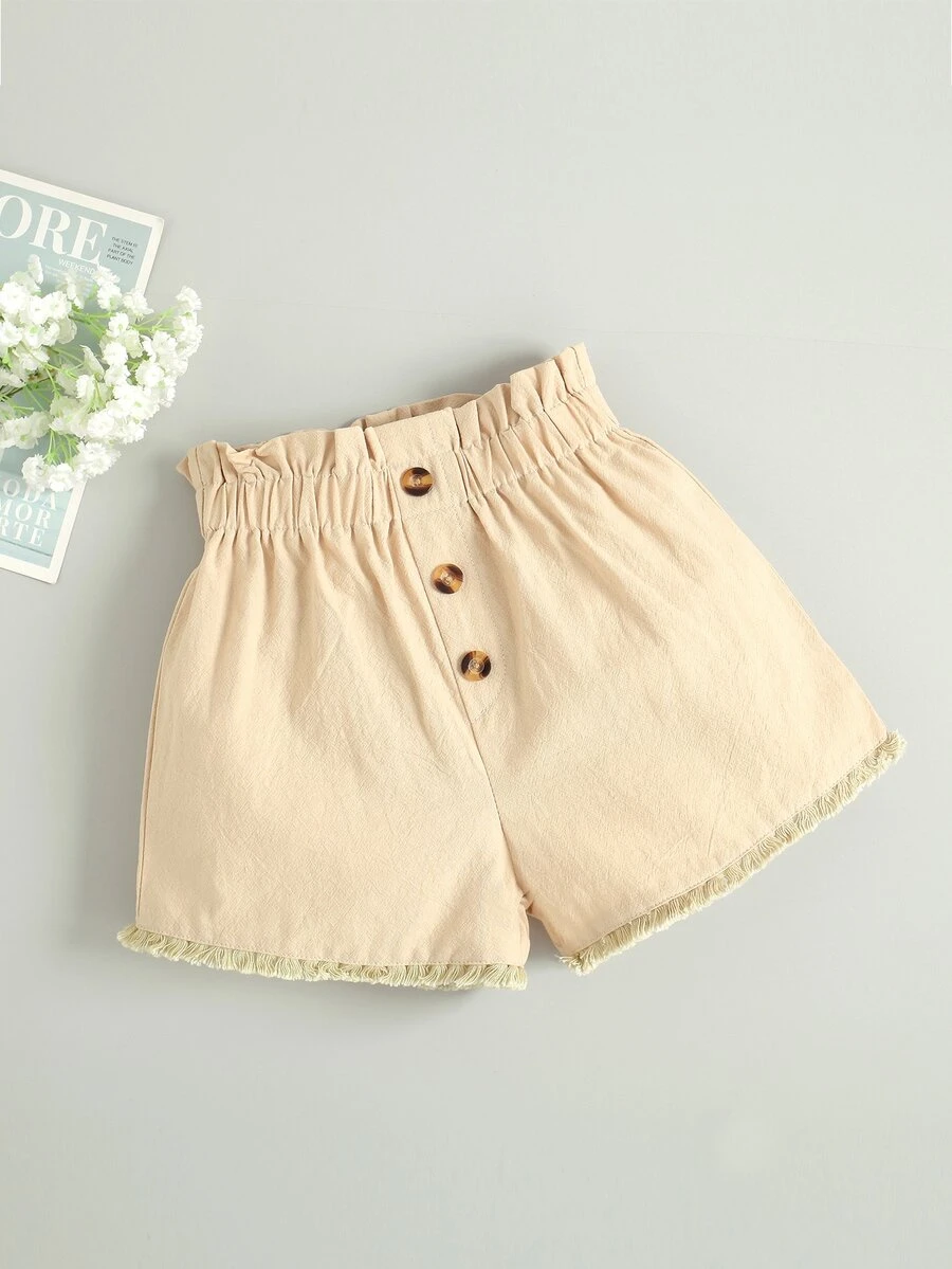小女童紐扣流蘇邊紙袋短褲 - 卡其色 - 查看 1