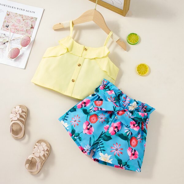 

Toddler Girls Solid Ruffle Trim Cami Top & Floral Belted Shorts, Multicolor