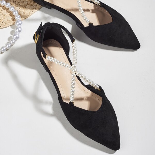 

Faux Pearl Decor Cross Strap Flats, Black