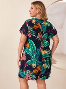 SHEIN LUNE 大碼蝙蝠袖熱帶圖案連衣裙 - 彩色 - 查看 2