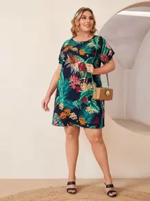 SHEIN LUNE 大碼蝙蝠袖熱帶圖案連衣裙 - 彩色 - 查看 3