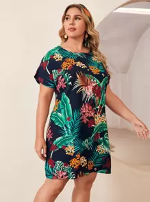 SHEIN LUNE 大碼蝙蝠袖熱帶圖案連衣裙 - 彩色 - 查看 5