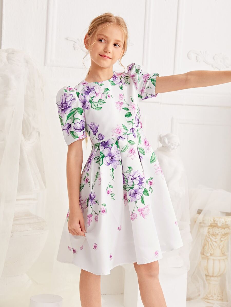SHEIN 女孩泡泡袖印花連衣裙 - 彩色 - 查看 1