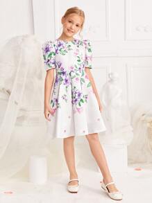 SHEIN 女孩泡泡袖印花連衣裙 - 彩色 - 查看 3