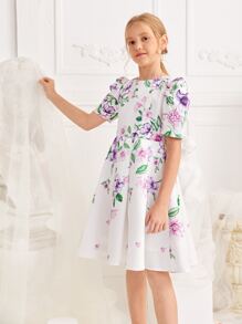 SHEIN 女孩泡泡袖印花連衣裙 - 彩色 - 查看 4