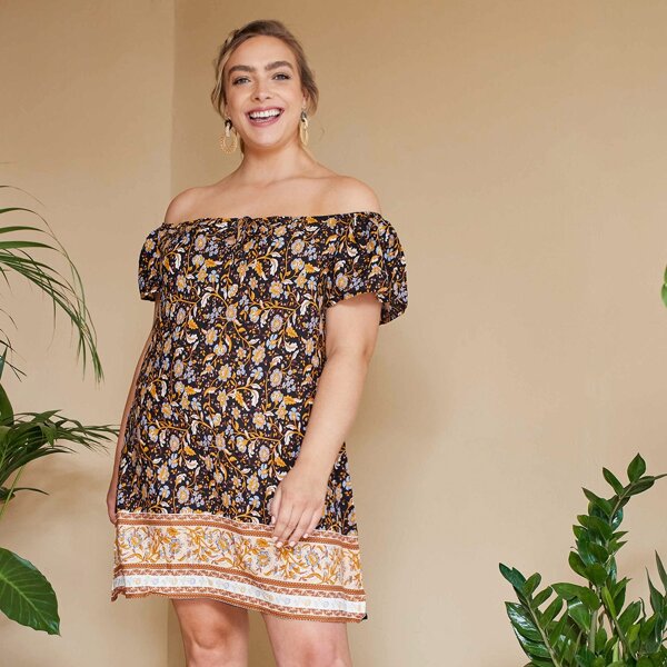 

Plus Off Shoulder Tie Front Allover Floral Dress, Multicolor