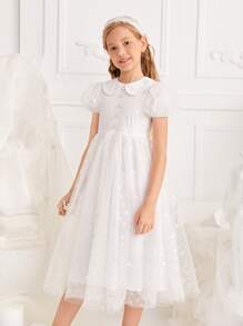 SHEIN EID Girls Peter-pan Collar Puff Sleeve Mesh Overlay Dress - White - View 1
