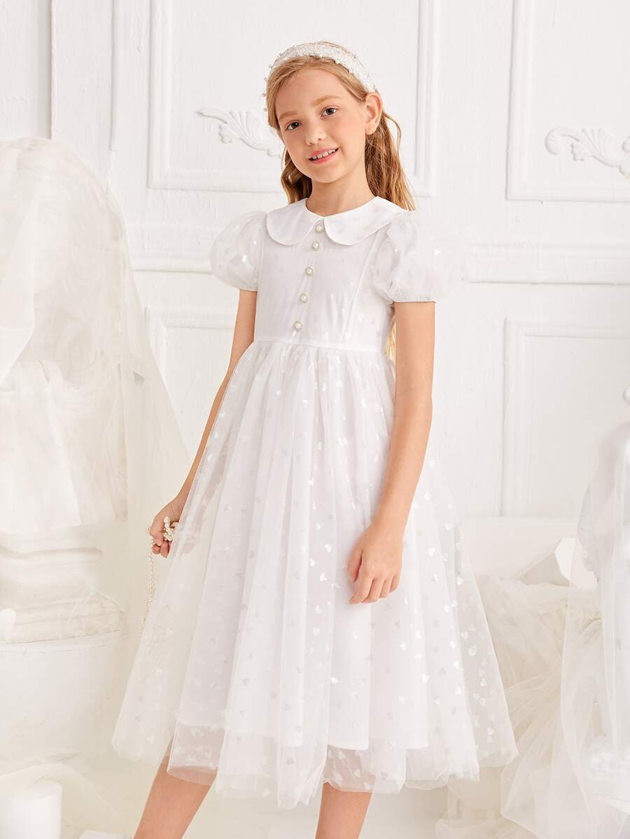 SHEIN EID Girls Peter-pan Collar Puff Sleeve Mesh Overlay Dress - White - View 1