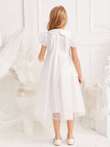 SHEIN EID Girls Peter-pan Collar Puff Sleeve Mesh Overlay Dress - White - View 2