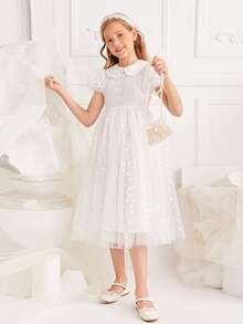 SHEIN EID Girls Peter-pan Collar Puff Sleeve Mesh Overlay Dress - White - View 3