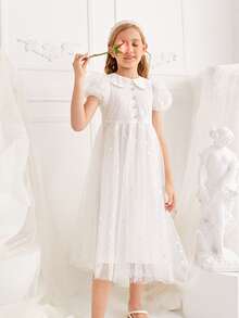 SHEIN EID Girls Peter-pan Collar Puff Sleeve Mesh Overlay Dress - White - View 4
