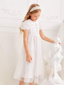 SHEIN EID Girls Peter-pan Collar Puff Sleeve Mesh Overlay Dress - White - View 5