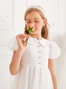 SHEIN EID Girls Peter-pan Collar Puff Sleeve Mesh Overlay Dress - White - View 6