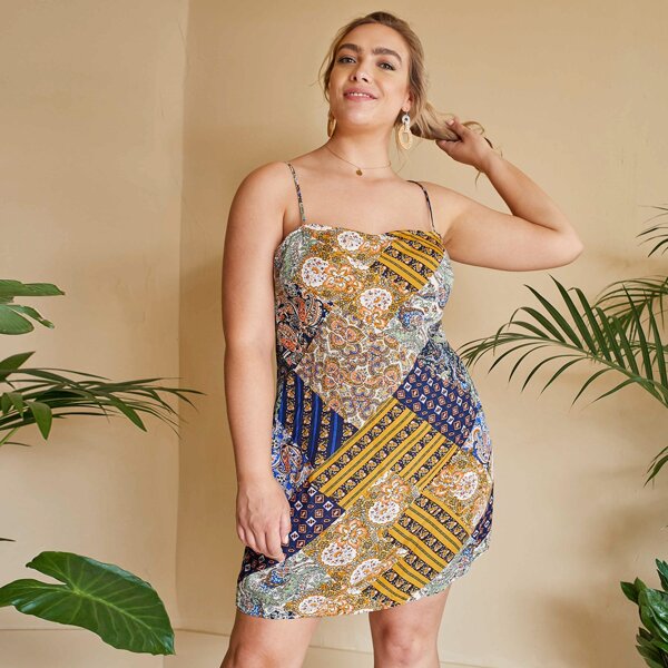 

Plus Tie Backless Patchwork Print Cami Dress, Multicolor