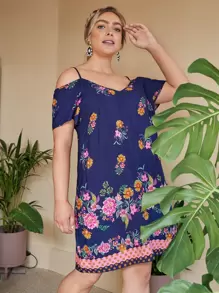 SHEIN Plus Cold Shoulder Floral Dress - Royal Blue - View 1