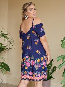 SHEIN Plus Cold Shoulder Floral Dress - Royal Blue - View 2