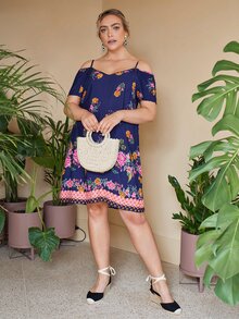 SHEIN Plus Cold Shoulder Floral Dress - Royal Blue - View 3