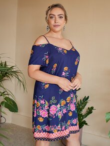 SHEIN Plus Cold Shoulder Floral Dress - Royal Blue - View 4