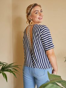 SHEIN Plus Guipure Lace Cut Out Back Striped Top - Blue and White - View 1