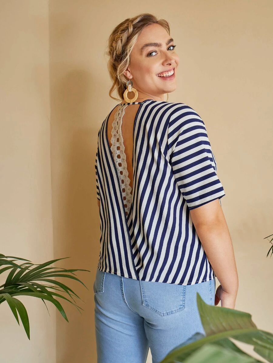 SHEIN Plus Guipure Lace Cut Out Back Striped Top - Blue and White - View 1