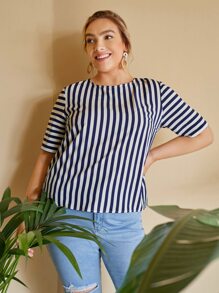 SHEIN Plus Guipure Lace Cut Out Back Striped Top - Blue and White - View 2