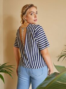 SHEIN Plus Guipure Lace Cut Out Back Striped Top - Blue and White - View 3
