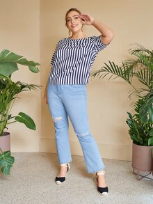 SHEIN Plus Guipure Lace Cut Out Back Striped Top - Blue and White - View 4