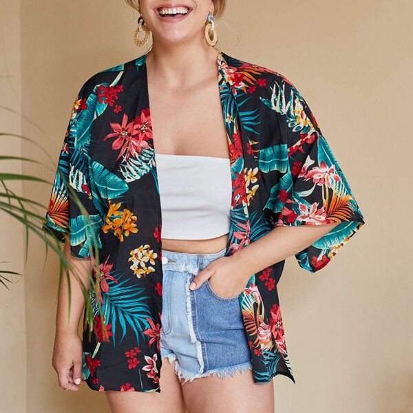

Plus Open Front Tropical Print Kimono, Multicolor
