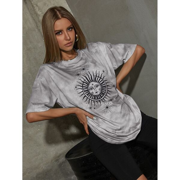 

Tie Dye And Graphic Print Tee, Grey